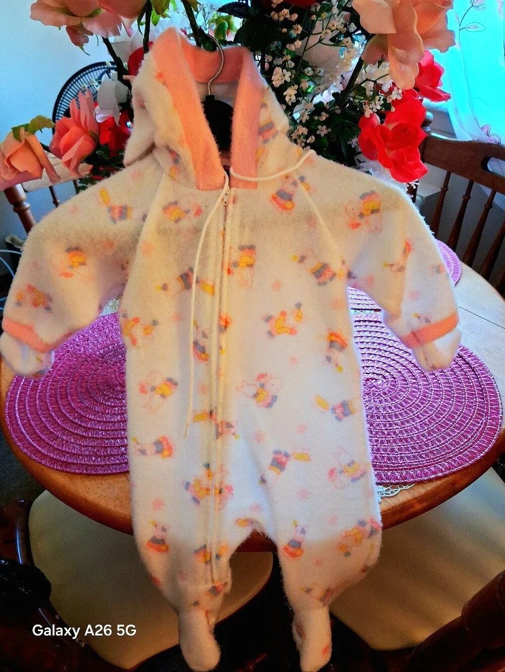 Carter's White /Pink Hooded Fleece One-Piece with Pink Trim and Multicolor Print